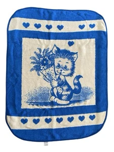 San Marcos Babydecke blau weiß Kätzchen Kätzchen Katze Blumen Herzen Vintage - Bild 1 von 4