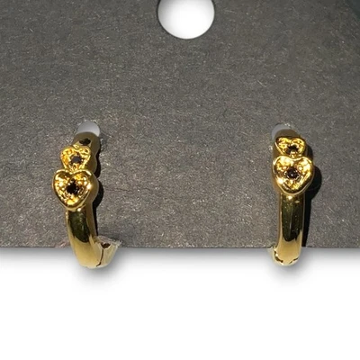 14K Gold Hoop Huggie Earrings Hearts With VVS1 D Color Black Onyx Stones - Image 1 of 4