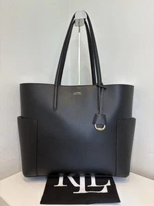 Ralph Lauren Large Leather Carlyle Tote Bag, Black/Vanilla - Picture 1 of 20