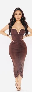 Fashion Nova Ruched Everywhere Mid Dress/womens Size Large/Brown Fitted - Picture 1 of 14