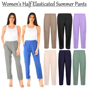 Womens Ladies Cropped Half Elasticated Waist Black Blue Work Trousers Pants Sale - Picture 1 of 20