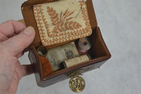 Sewing box kit Shaker Community 19th c hand made w/contents leather antique Cover