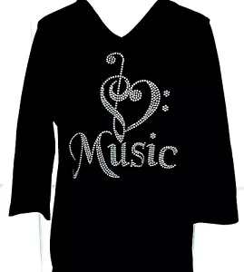 S M L XL Top Rhinestone Bling Music Lover Heart Clef Short or 3/4 Sleeve - Picture 1 of 2