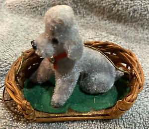 Vintage Wagner Kunstlerschutz Handwork Flocked Grey Poodle with Dog Basket Bed