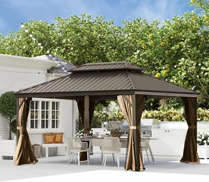 Domi 10'x14' Hardtop Gazebo w/ Gutters,Aluminum Frame &Curtains and Netting - Picture 1 of 8