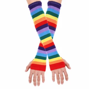 Women Girl Colorful Rainbow Striped Arm Warmer Gloves Stretchy Fingerless Mitten - Picture 1 of 8