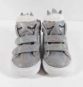 Baby Gap Unicorn High Top Sneakers Toddler Girl Size 7 Side Zip Silver Glitter - Picture 1 of 9