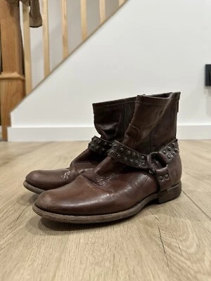 FRYE Phillip Harness Studded Ankle Boots Brown Leather Women's Size 8.5 76491 - Image 1 of 4