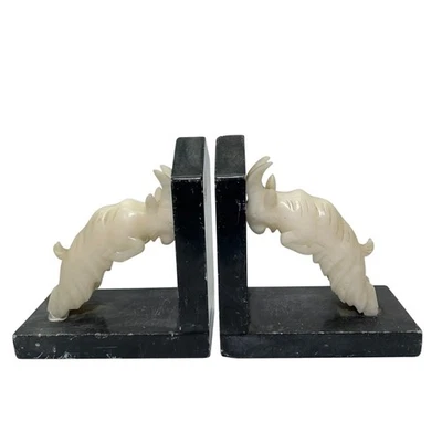 Vintage Hand-Carved Charging Ram Goat Bookends Art Deco Collectible Marble  - Image 1 of 4