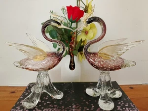 Vintage Murano Stil Kunst Glas Reiher / Schwan mit Blatt Gold Flügel. Paare - Bild 1 von 21
