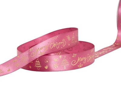 PRINTED CHRISTMAS SATIN RIBBON | Plum Gold Merry Christmas Tree | 25mm 20m - Image 1 of 2