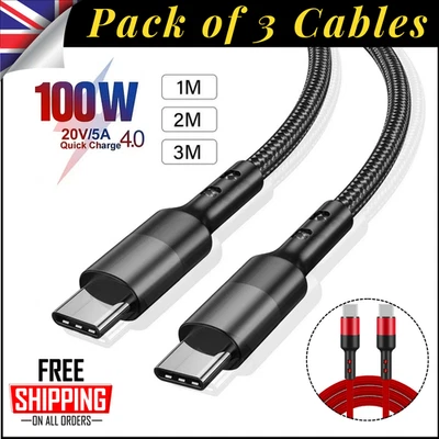 USB C To USB C Fast Charger PD 100W Dual Type C Charging Data Sync USB Cable UK - Image 1 of 4