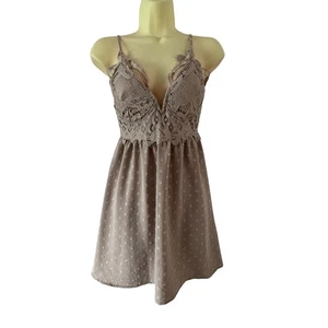 Y2K Faded Rose Beige Lace Textured Dress Mini Plunging Neckline Size Small - Picture 1 of 9