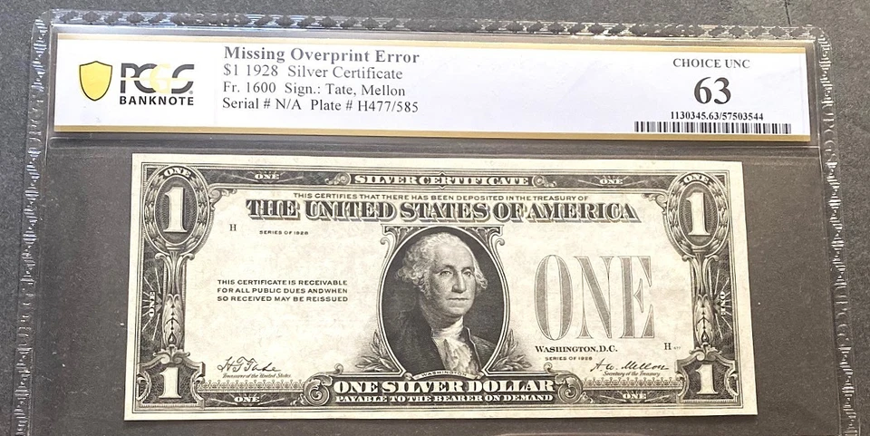 ***RARE*** $1 1928 "FUNNYBACK" SILVER CERTIFICATE  MISSING OVERPRINT  PCGS MS63 - Image 1 of 2