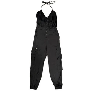 NWT Free People Black Satin Cargo Utility Pocket Jumpsuit Size Medium - Picture 1 of 9