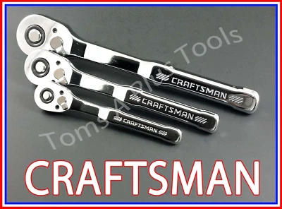 CRAFTSMAN 3pc FULL POLISH Thin Profile Fine Tooth Ratchet socket wrench set 72T - Image 1 of 4