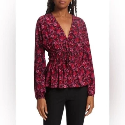 全新带标签 Derek Lam 10 Crosby Lilith 花卉 V 领薄纱衬衫红色粉色 4 码 — 第 1/4 张图片