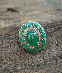 Anillo de diamantes y esmeraldas naturales de Zambia con flores y diamantes anillo victoriano - Imagen 1 de 7