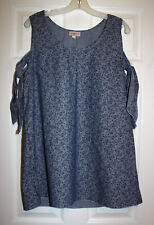 Free Kisses Womens 1X Light Denim Print Woven Top with Tie Sleeves NWT
