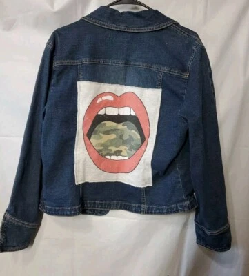 Denim Jacket With Vtg Upcycle Lips Y2K Retro Camo Grunch Applique Sz L Women - Image 1 of 4
