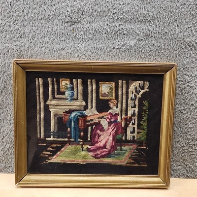 Tapiz de arte victoriano vintage enmarcado a punta de aguja dama en escritorio 14x11 diciembre Foto 1 de 4