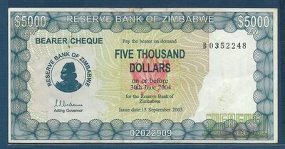 Zimbabwe 5000 Dollars, 2003 / 30 Jun 2004, P 21b / Prefix B, XF- - Image 1 of 2