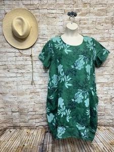 Made In Italy Short Sleeve Green Print Linen Pockets Dress Women’s L/XL - SUPERB - Picture 1 of 9