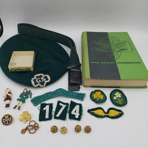 Vintage Girl Scout Lot, 50s & 60s, Pins, Patches, Book, Belt, Beret, 20 Items - Picture 1 of 21