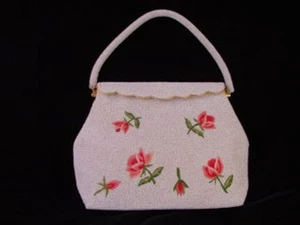 Antique Vintage Retro Beaded Handbag Purse Timeless pink embroidered flowers - Picture 1 of 11