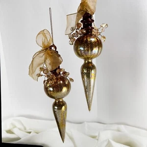 2 antique gold finish glittering finial teardrop XMAS ornaments beaded elegant - Picture 1 of 5