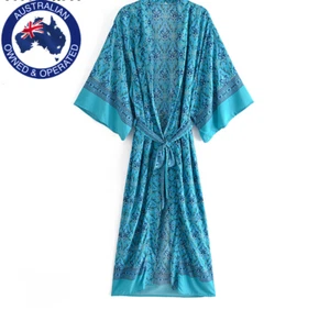 Blue Floral Print Sashes Bohemian Kimono V Neck Batwing Sleeve Boho Maxi Robe - Picture 1 of 7