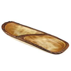 Two Section Mango Tree Wood with Natural Bark Rimmed Serving Tray Fruit Bowl - Picture 1 of 7