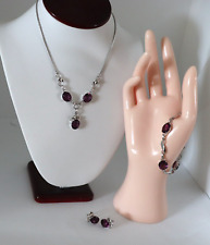 Vintage c1960s 12k White Gold Fill Purple Stone Bracelet Necklace Earring Set