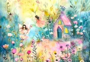 ACEO Artist Trading Card Fairy Fantasy Flowers Scene 2.5x3.5 Mini Art Print ATC - Picture 1 of 3