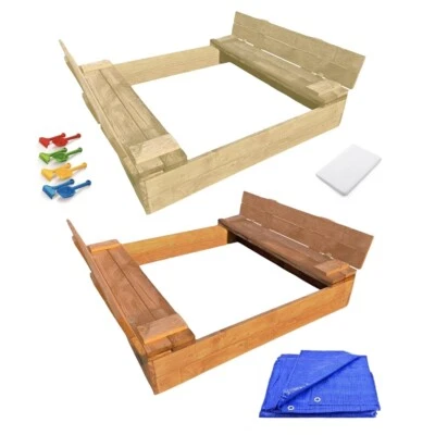 MONWERK Sandkasten mit Deckel Imprägniert 120x120 150x150 Sandkiste mit Sitzbänken Holz