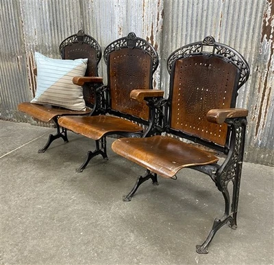 3 Wood Iron Folding Theater Seats, Auditorium Seats, Entryway Bench, D3 - Image 1 of 4