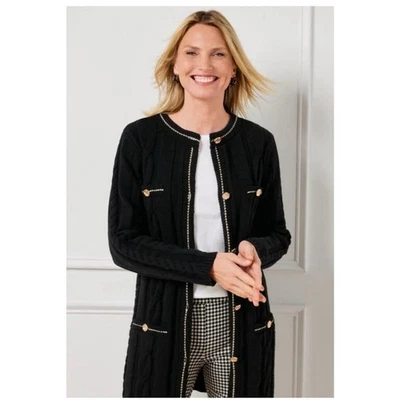 Cárdigan tejido con cable Talbots para mujer talla LP grande pequeño largo negro dinero viejo NUEVO Foto 1 de 4