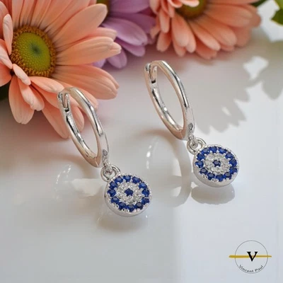 ORECCHINI DONNA HUGGIE ARGENTO 925 ANALLERGICI PENDENTE ZIRCONI BLU BIANCO - Immagine 1 di 4