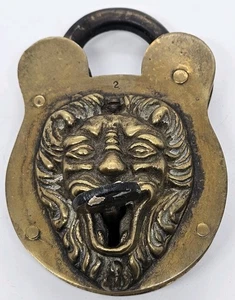 1896 Messing viktorianisch figürlich Löwenkopf Tor Garten Vorhängeschloss Schloss mit Skelett Schlüssel - Bild 1 von 11