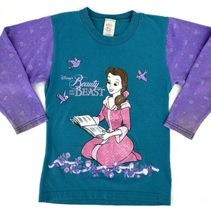 Vintage Beauty And The Beast Kids Shirt 90s Belle Rose Sleeves Disney Medium 7/8 - Picture 1 of 15