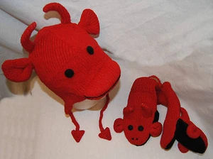 NWT deLux RED DEVIL evil SOCK MONKEY HAT & MITTENS SET knit ADULT costume LINED - Picture 1 of 5