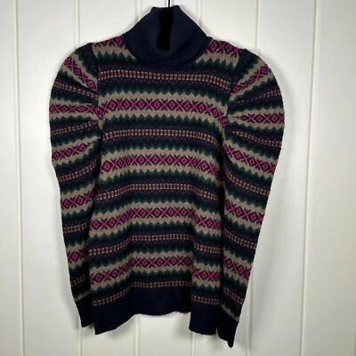 Suéter de cachemir de otoño para mujer mediano azul marino cuello alto Fair Isle manga abullonada Foto 1 de 4