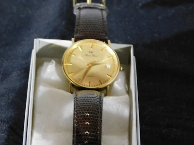 Lucien Piccard 14K Gold Leather Band Vintage Mens Watch Original Box-Works Great - Image 1 of 4