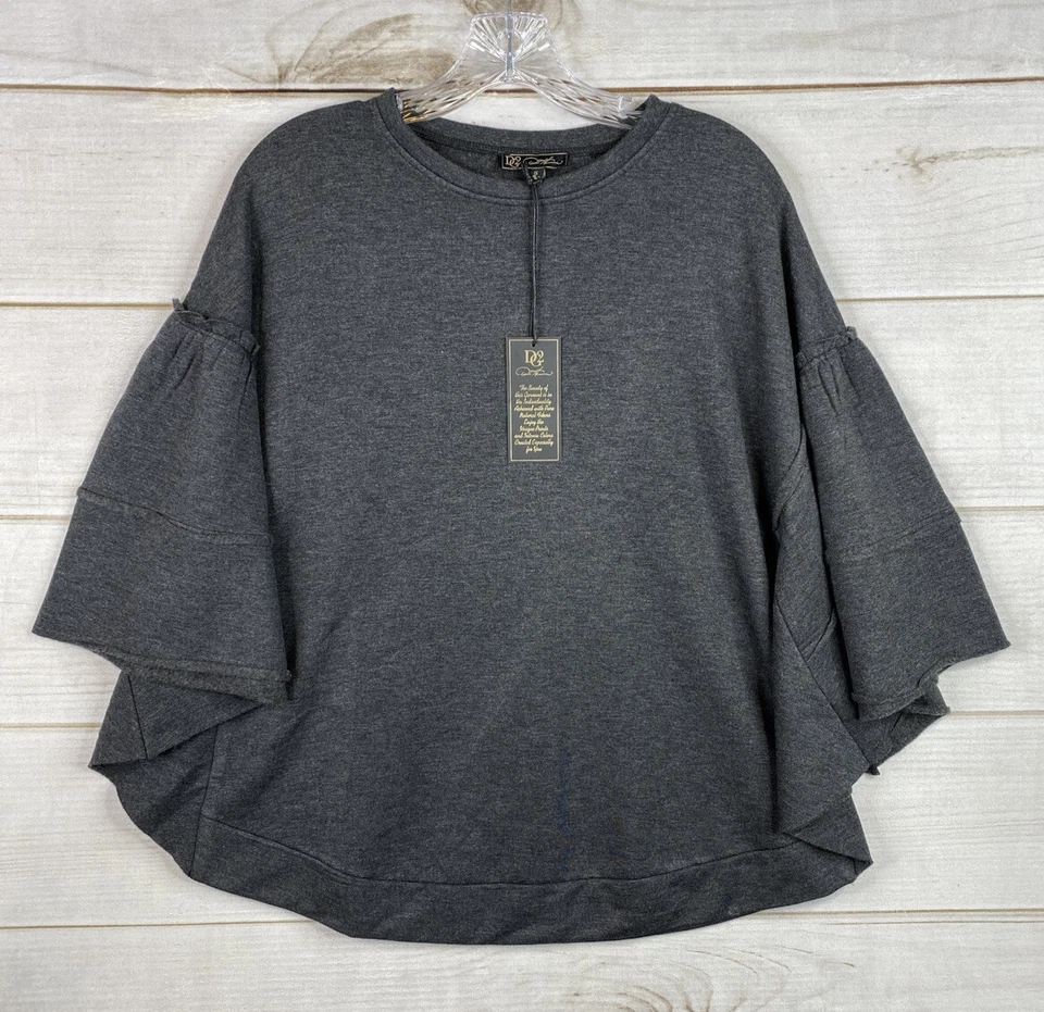 DG2 Diane Gilman 毛衣女式 S 码灰色披肩羊毛衬里喇叭袖柔软 — 第 1/4 张图片