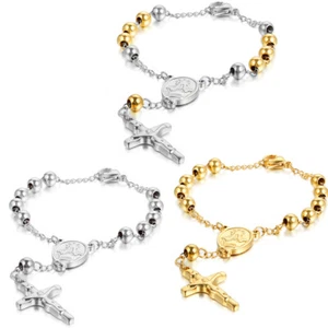 Men Women's Stainless Steel Jesus Cross Crucifix Pendant Beaded Bracelet Bangle - Picture 1 of 13