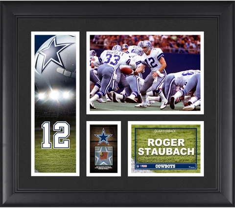 Roger Staubach Dallas Cowboys Frmd 15x17 Player Collage & Piece of GU Football Cover