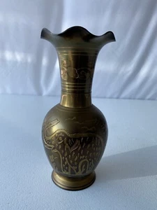 Vintage 8” Brass Vase Elephant/Asian Theme Beautiful Etchings - Picture 1 of 6
