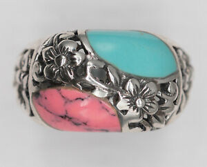 STERLING SILVER TURQUOISE PINK STONE FLOWER RING 925 NEW OLD STOCK - SZ 7.5 (144