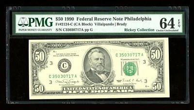 DBR 1990 $50 FRN Philadelphia Fr. 2124-C PMG 64 EPQ Serial C35030717A - Image 1 of 2