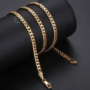 4.5mm 20" Yellow Gold Plated Cut Curb Cuban Chain Link Necklace for Men Women - Picture 1 of 8